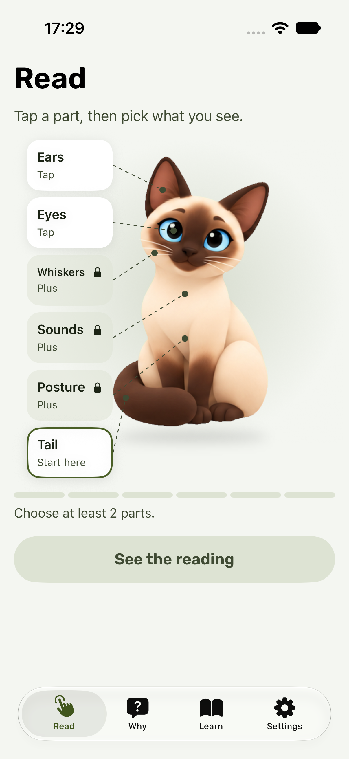 The Read screen: Miso with a button for each body part